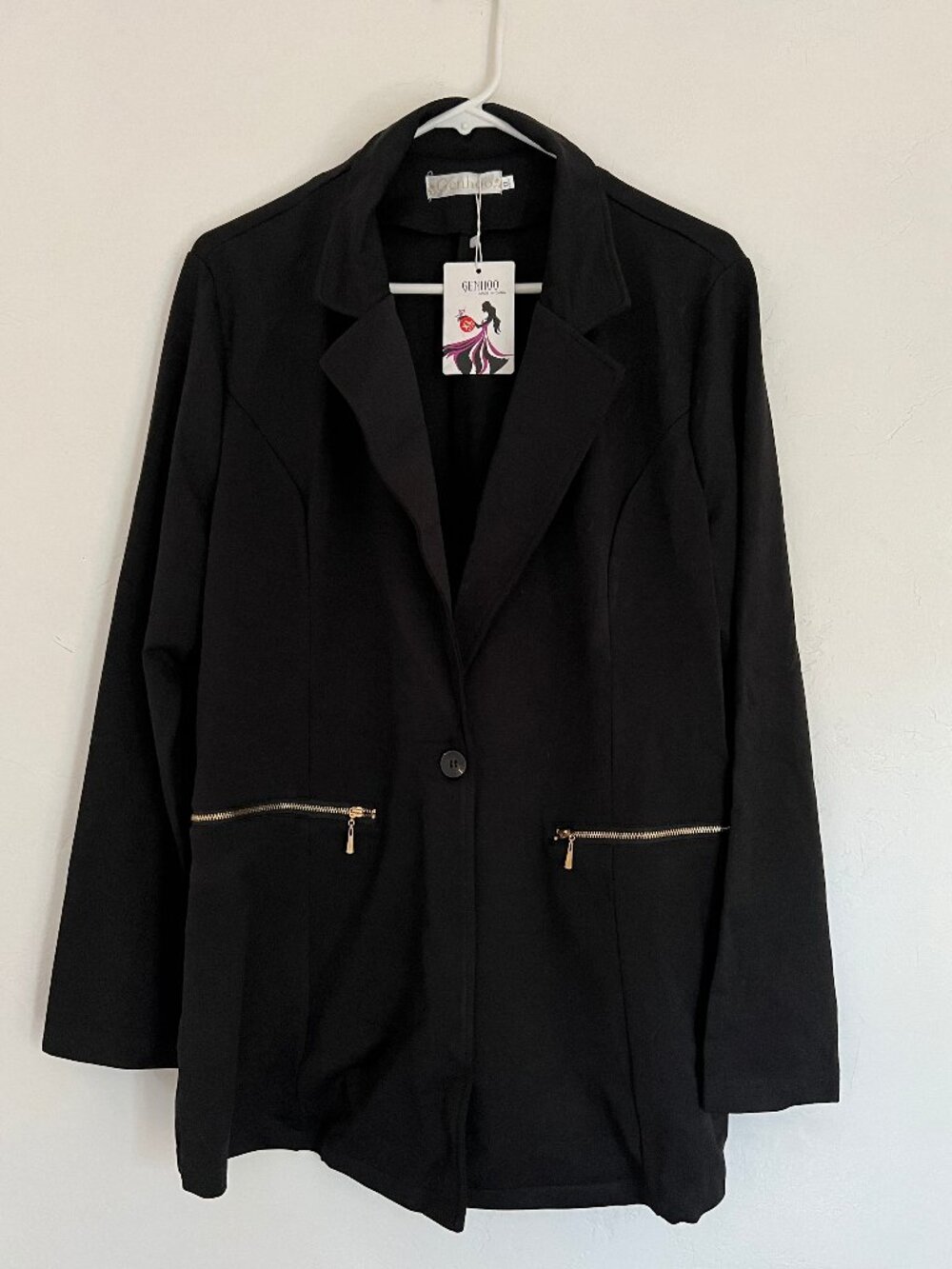 NWT Genhoo Black Single-Button Tailored Blazer Jacket Gold Zip Pocket